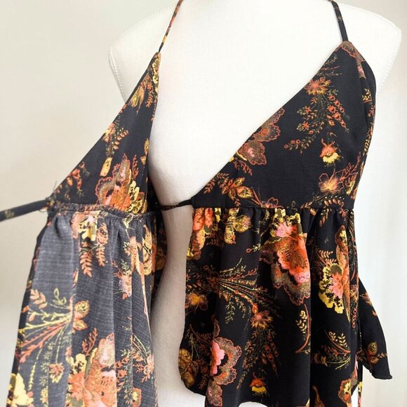 URBAN OUTFITTERS DAKOTA BLACK ORANGE FLORAL RACERBACK WRAP PEPLUM TOP - L - Picture 7 of 10